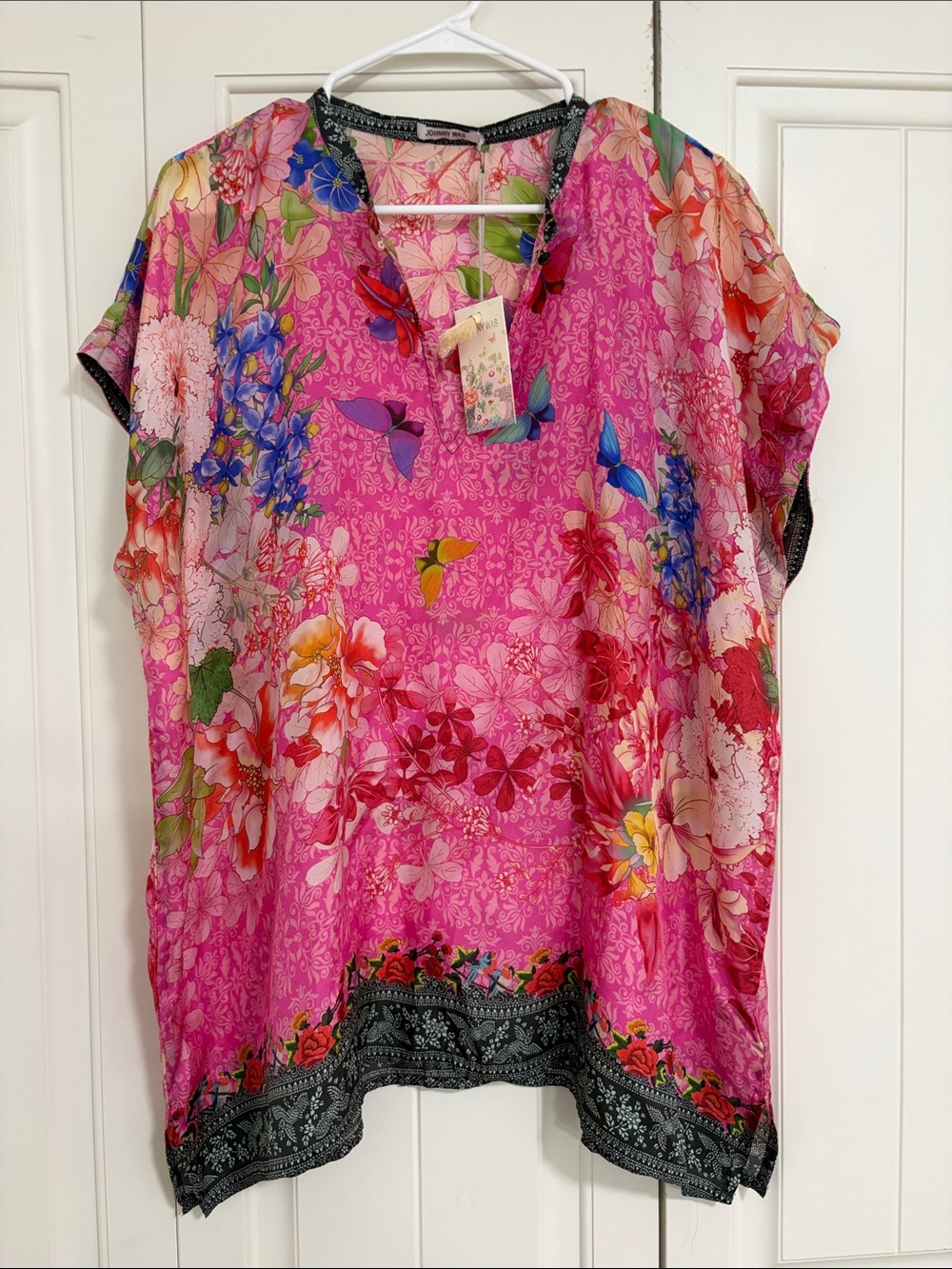 Johnny Was Pink Floral V-Neck Tunic with Multicolor Blooms